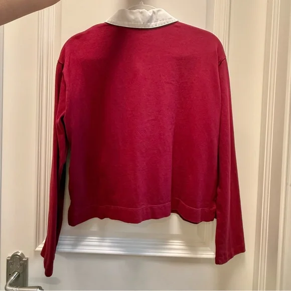 GAP Burgundy Cropped Rugby Polo Shirt White Collar Preppy Fall Top Small - Picture 6 of 9